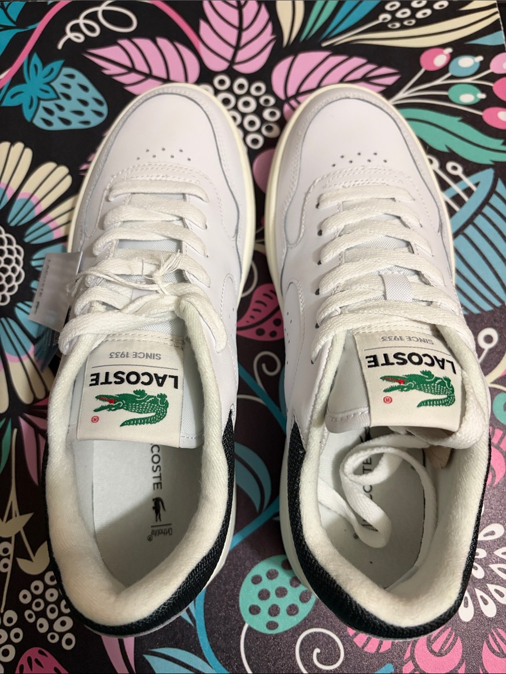 Lacoste White Leather Sneakers with Green Logo and Dark Green Heel Accent